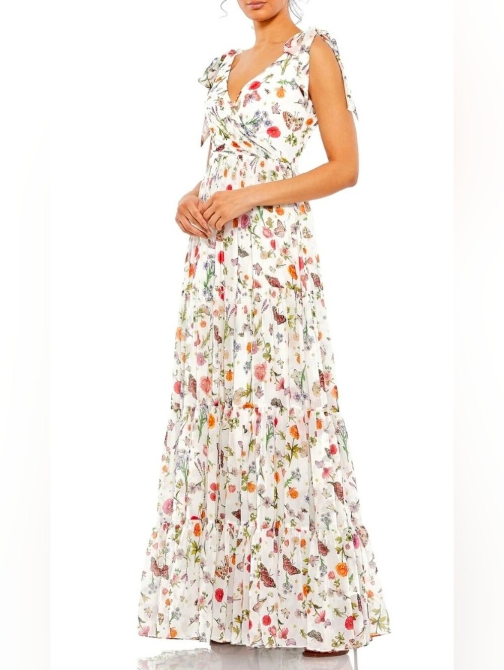 NWT MAC DUGGAL 70198 White Floral Maxi Dress with Tie Shoulders